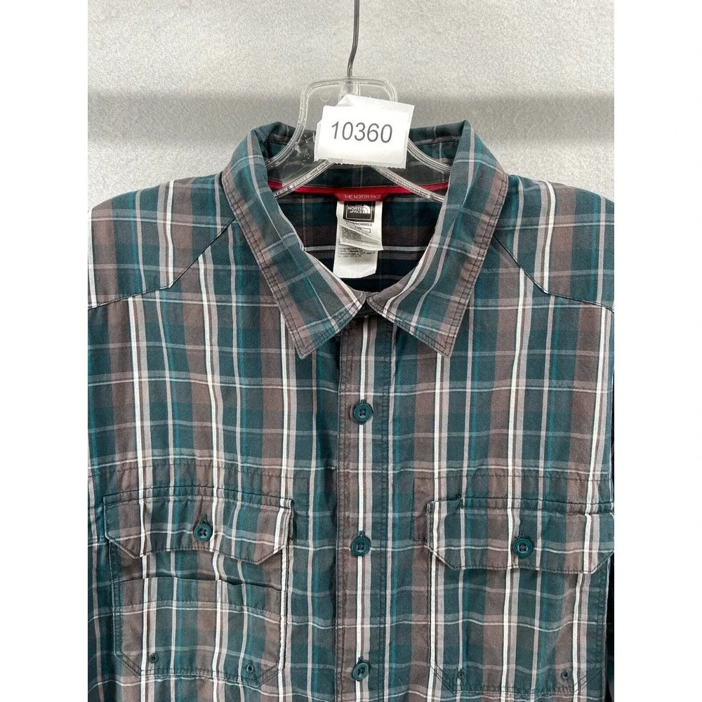 North Face Shirt Mens Sz L Green Gray‎ Plaid Button Up Cotton Collared Pockets